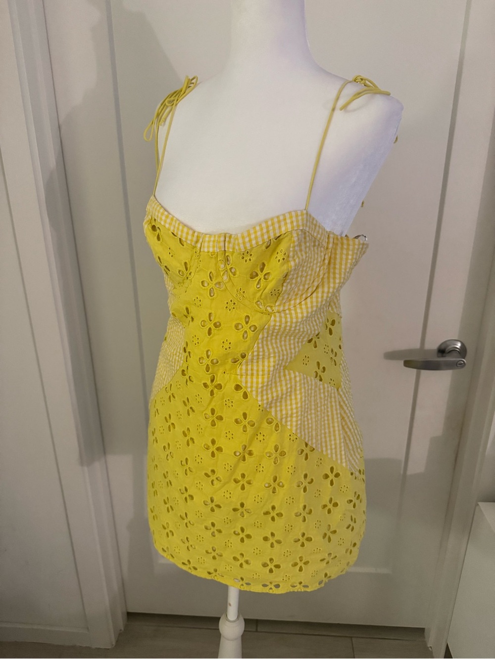 For Love and Lemons- Yellow Eyelet & Gingham Tie-Shoulder Sundress